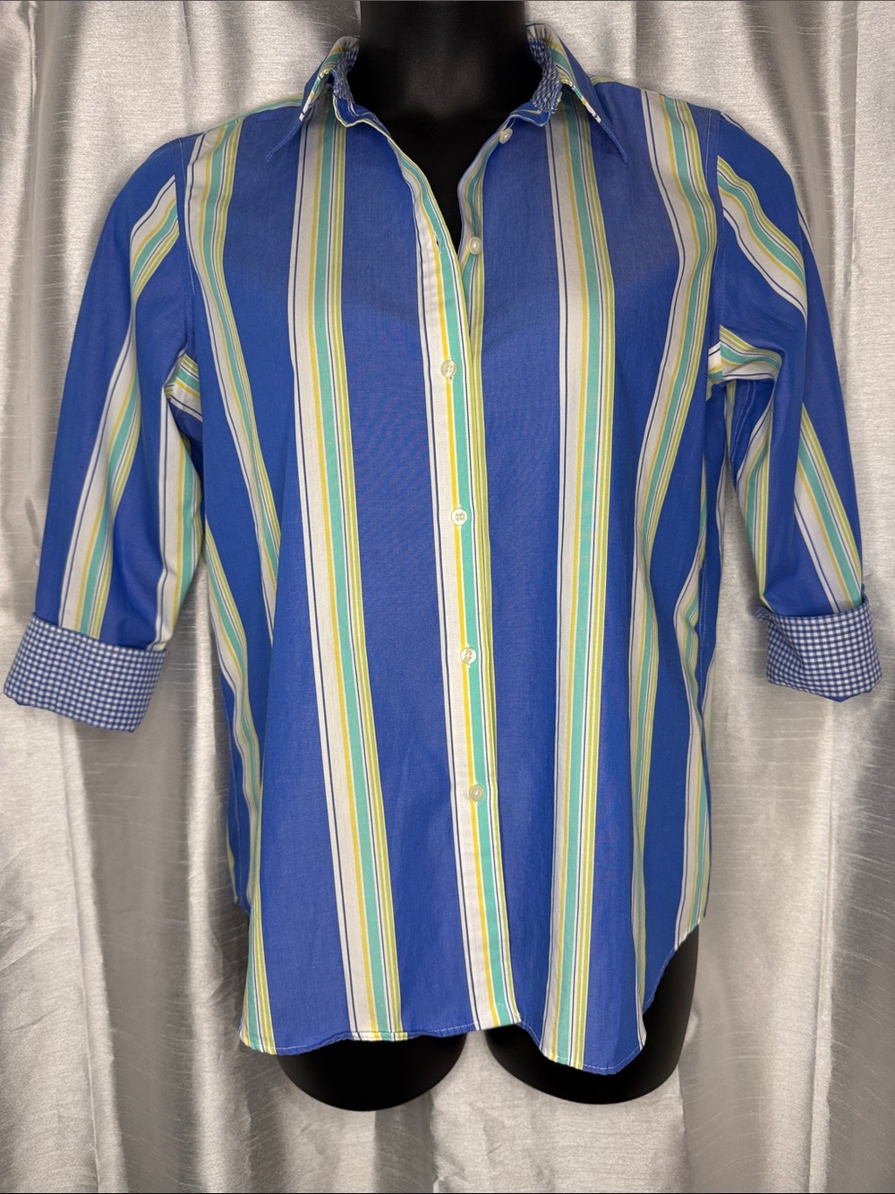 Chaps No Iron Striped Button Up 3/4 Sleeves Gingham Detail Women’s Large